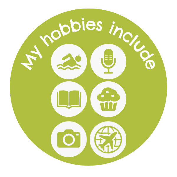 My hobbies include swimming, podcasts, reading, baking, photography, and travel